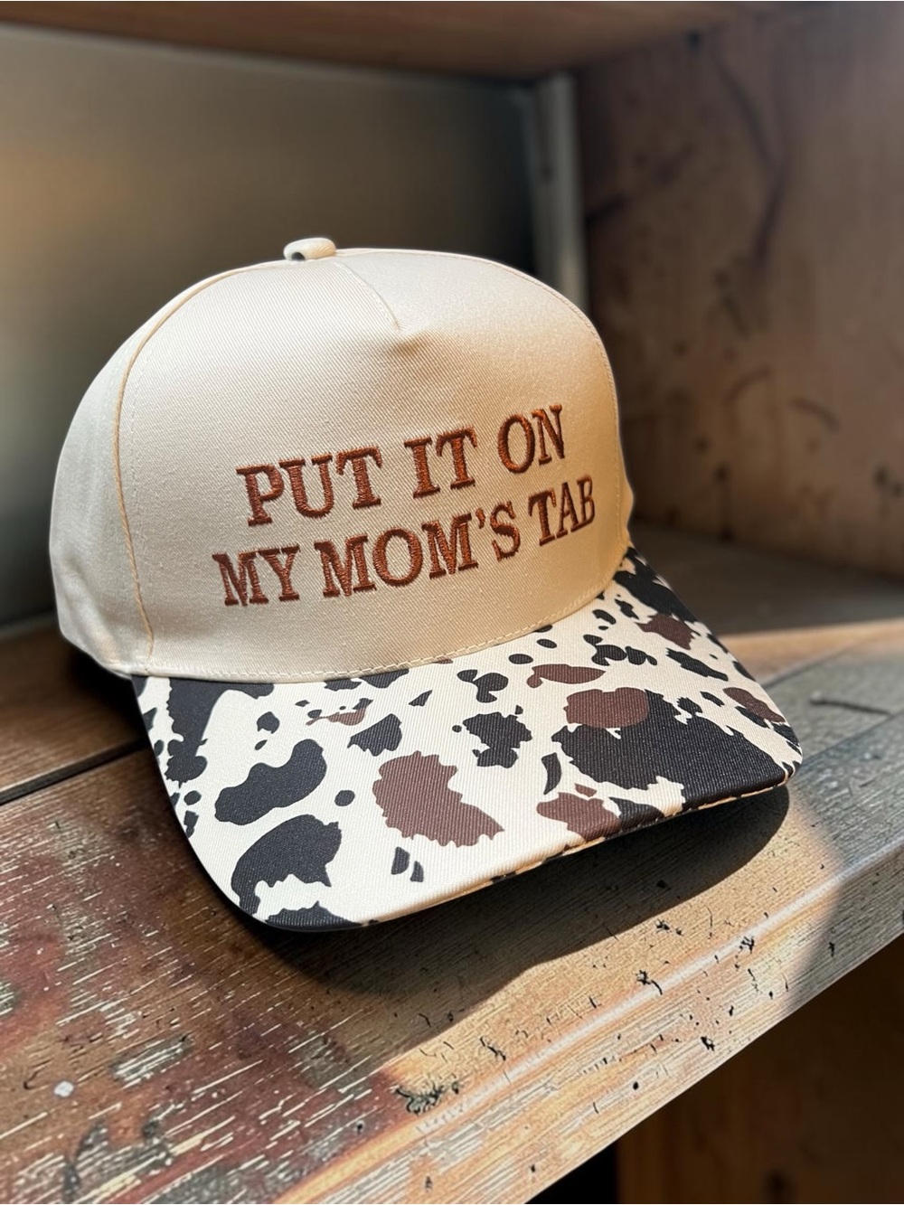 Kids Beige Cow-Print Cap with Brown Embroidery - Youth Trucker Hat